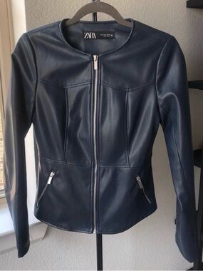 Zara Navy Faux Leather Zip-Front Jacket